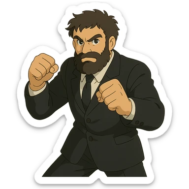 ghibli style bearded man in a black suit, fighting posture sticker
