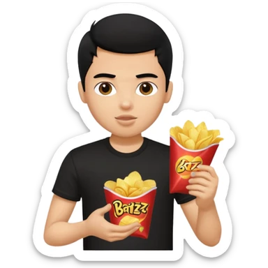 a pretty bratz guy with curly black hair in in black tshirt eating chips sticker
