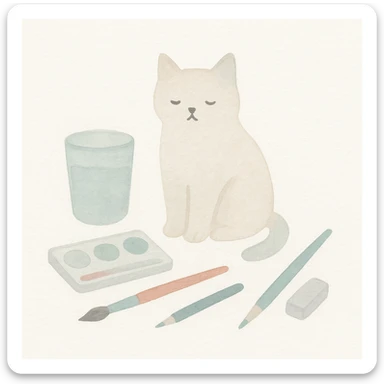 cat surrounded by art supplies, watercolor style sticker
