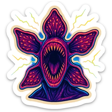 Demogorgon face close-up with electric neon effects, 80s retro neon style, inspired by Stranger Things series sticker