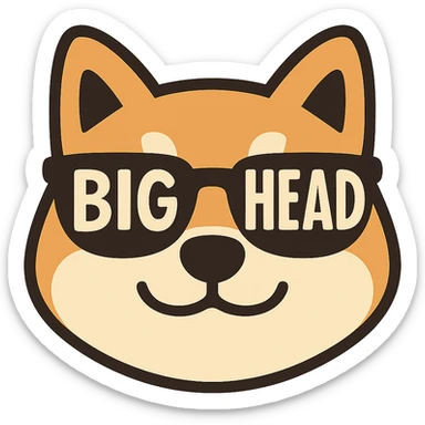 flat-toon style close-up of a Shiba Inu face wearing sunglasses with the text 'BIG HEAD' inside the sunglasses lenses sticker