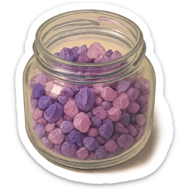 very realistic purple and pink crystal small rough pebbles in an open glass jar, mixed together, natural colors, soft, fairy-like atmosphere, no background, square size sticker