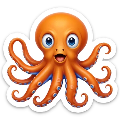 Cinematic Realistic Comical Octopus Portrait Emoji, Head tilted dramatically with an exaggeratedly amused expression, featuring a striking, glossy orange body adorned with bold blue rings and wide, expressive eyes brimming with playful disbelief; rendered with vivid natural textures and dynamic highlights, high shine, dramatic yet playful, styled with an air of cheeky ocean mischief, soft glowing outline, capturing the essence of a spirited and over‐the‐top octopus that looks ready to squirt ink its way into viral fame! sticker