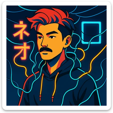 Add electric wires connecting to the body of the Asian man with black mustache, red hair, black hoodie, neon lights, Japanese cyberpunk anime style sticker