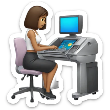 une femme qui a une machine ordinateur portable sur sa main sticker