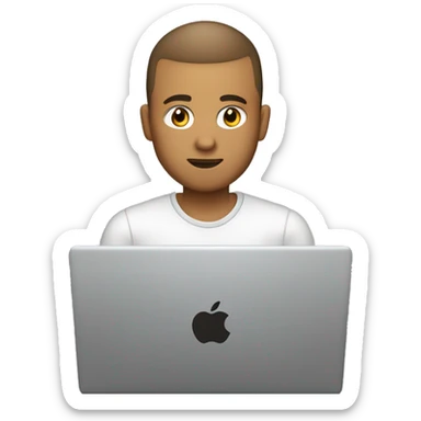 software engineer (white male, brown buzz cut hair, white gold earrings) in front of laptop, apple-style sticker