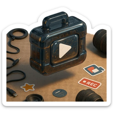 white YouTube play button inside a scratched black toolbox-like case, surrounded by video production gear, camera parts, stickers, cables, real-life artist studio, casual lighting, grounded and textured environment sticker