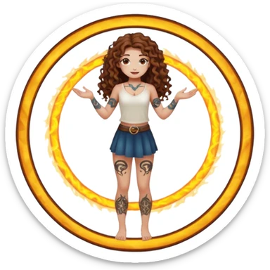 full body view of a woman with long curly brown hair, brown eyes, white skin, tattoos, fake innocent pose while standing inside a glowing spell circle sticker