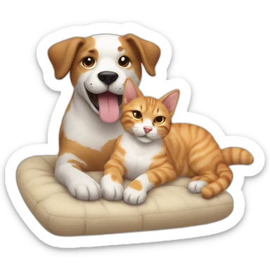 Generate a sticker of a playful scene featuring a cat lying on a cushion and a dog holding a toy in its mouth while interacting. sticker