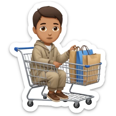 A man in oversized second-hand clothes, sitting beside a shopping cart of items, looking around with soft hopeful eyes.
 sticker