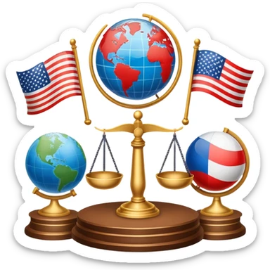 icon featuring podium with a speaker, russian and american flags, and voting ballots. The design includes a globe and scales of justice in the background, representing governance, global affairs, and political theory. Transparent background emphasizes civic engagement and policy. sticker