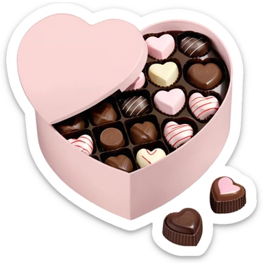 pale pink heart box, pale pink bow, filled with chocolates inside sticker