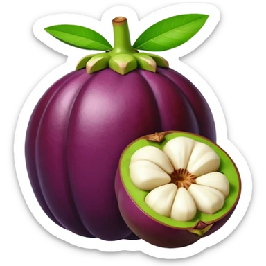 whole mangosteen with thick deep purple rind and green segmented calyx on top, next to a halved fruit revealing glossy white segmented flesh inside, soft juicy interior, firm outer shell, no leaves plate or extras, apple emoji style, soft lighting, subtle shadows, transparent background, emoji scale sticker