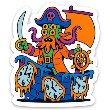 surreal pirate captain with multiple eyes and tentacles, standing on a ship made of melting clocks, vibrant weird cartoon style, no text sticker