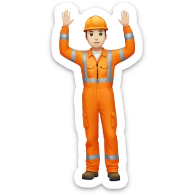 man standing facing away, wearing orange hi visibility overalls  with one arm raised sticker
