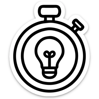 minimalist vector icon of a classic stopwatch with circular thick rim, crown at 12 o'clock, start/stop button on side, with a classic incandescent lightbulb with rounded glass and threaded base centered inside the stopwatch face, clean modern vector art, single dark gray color, no gradients or shadows, bold clear outlines, lightbulb is the focal point sticker