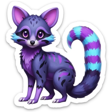 Obsidian-onyx-black and glowing neon-purple, shiny blind hollow empty eyes, magical fantasy-Genet-Sentret-Marsupial-Possum-Vernid-Sergal-Fakémon-hybrid, by LiLaiRa-griffsnuff, full body sticker