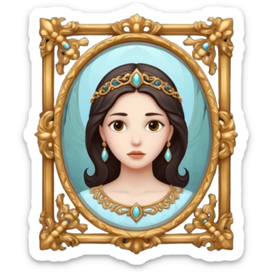 Woman facing ancient mirror, reflection slightly delayed and darker sticker