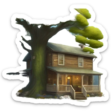  very very big Cabin near a big tree.  Thick moss growing on the roofs. The cabin thick grass fields. porch lights turned off. bright white interior lights turned on. guests sitting in chairs on the porch, flowers and bushes yellow and blue, near Scooby  sticker