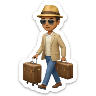 a man walking to leave, bring suitcase sticker