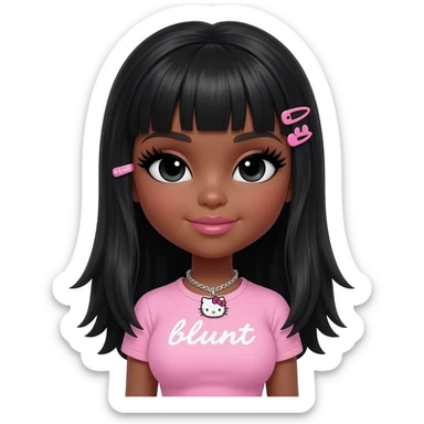 Long giant lashes, my melody hairclip, Doll faced shaped, hello kitty necklace, bimbo, black doll eyes, barbie, dark brown skin with black hair, light pink bimbo shirt says "blunt" , big breast sticker