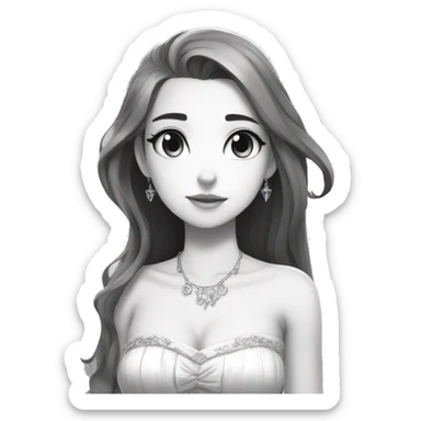 prinvk, 1girl, solo, dress, long hair, bare shoulders, princess, monochrome, 2d, anime  sticker