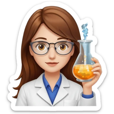Crie emojis de uma mulher de cabelos longos castanhos farmacêutica mexendo com becker e com faiscas sticker
