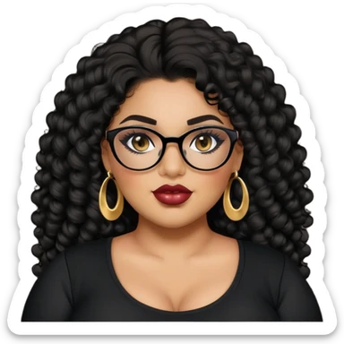 big plus size, latina, darker tan skin, long black curly hair, baddie,pretty, makeup, lipgloss, black eyeliner, long hair, SMALL gold earrings, black top, black glasses sticker