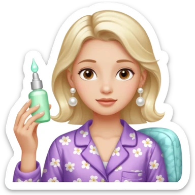 Clean girl aesthetic emoticons, apply skincare products, pearl earrings, glowing skin, pajamas, soft lighting sticker