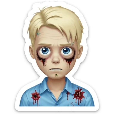 zombie boy with messy long blond hair blue eyes, designer shirt and hair pins sticker