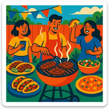 festive backyard grill scene with carne asada, colorful and lively sticker