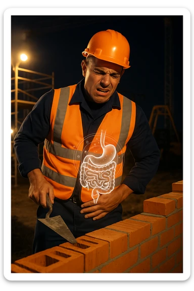 a construction worker in a reflective vest and hard hat is laying bricks at a nighttime construction site, illuminated by strong work lights. He pauses, one hand on his abdomen with a pained or uncomfortable expression, while the other holds a trowel. In the background, scaffolding and machinery are visible under the night sky. Subtle icons or overlays highlight digestive organs, suggesting the need for intestinal balance. sticker