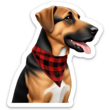 75% Coonhound 25% German Shepherd mix dog wearing small pointed red buffalo plaid bandana pointing down side view full body facing left sticker