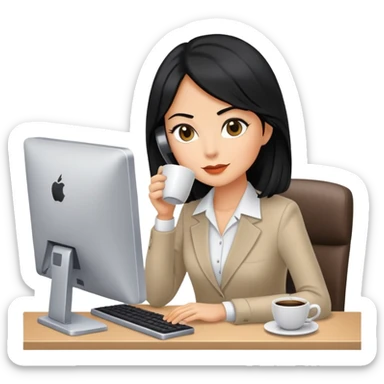 Secretary black hair computer and drinking coffee sticker
