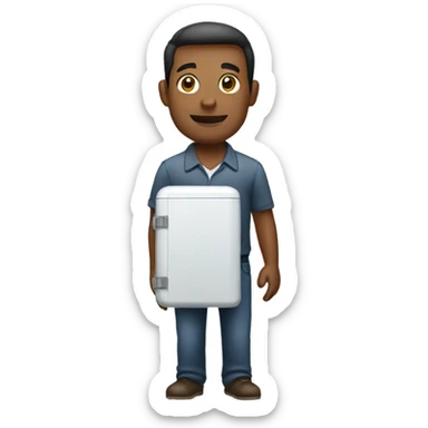 man holding a mini refrigerator sticker