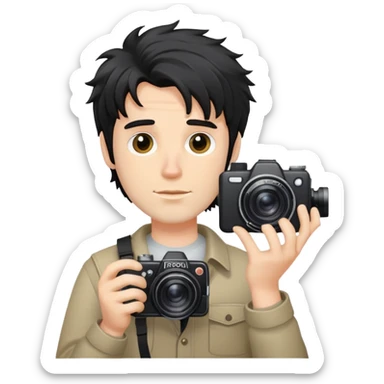 a white man with black messy hair holding a foto camera sticker