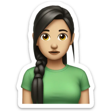 cute girl with black long straight hair brown tips ponytail green shirt sad sticker