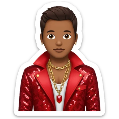 Bobby Brown with dark brown hair, red sequin jacket, shirtless with necklace sticker