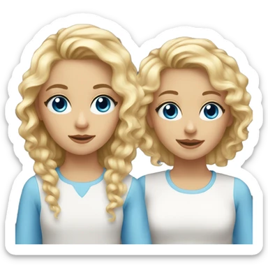 sisters, both blond curly hair, one short hair, one long hair, both blue eye sticker