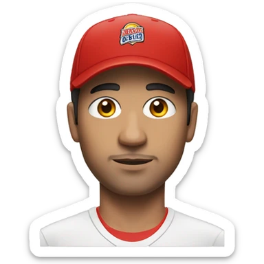 Man, male, young from about 30 to 40 years old, of Latin descent, black eye colour, with a sports t-shirt composed of red and white sticks vertically and a red cap sticker
