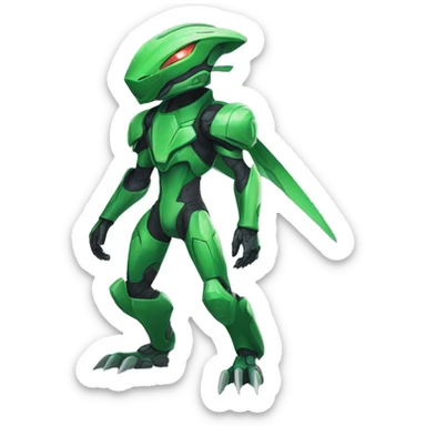a green Genesect-Raptor-Fakémon—hybrid with a futuristic visor-helmet full body sticker