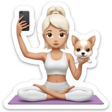 insta girlie doing yoga and white puppy near her. she is taking selfie  sticker