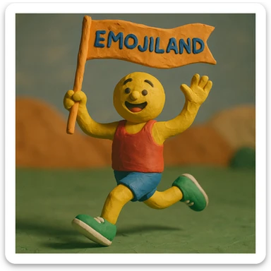 happy runner waving a flag that says 'emojiland' sticker