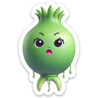 funny and cute 3D chibi green onion character, round white body, big expressive eyes, green leaves as hair, exaggerated crying face with dramatic onion juice tears, pastel kawaii style, smooth soft textures, high quality lighting sticker