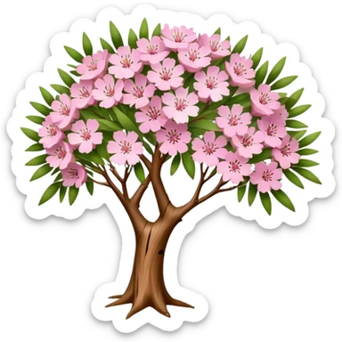 Cinematic Realistic Melaleuca Emoji, Elegant and resilient, with peeling, papery bark and delicate, needle-like leaves. The tree stands tall and graceful, with clusters of white and pink flowers dotting the branches. Soft glowing outline, capturing the essence of natural elegance and resilience in a beautiful melaleuca tree! sticker