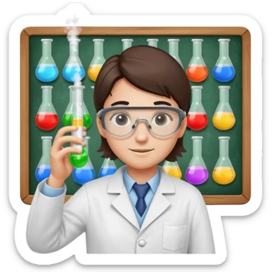 chemist in lab coat with chemical goggles holding a test tube, background with a board of chemical elements, apple emoji style, no text sticker