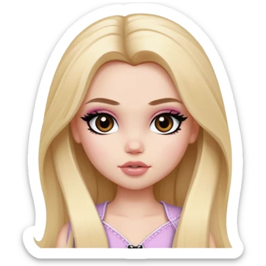  long blonde hair, pale skin, brown eyes, pretty bratz baddie, black eyeliner, blush sticker