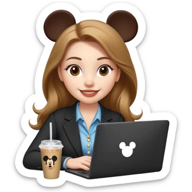 Women in front of one laptop that has a Mickey sticker on it, with a happy face, face a little fuller, lips plump, full eyebrows, long light brown hair, light brown big eyes, light pale skin with a iced coffee on the side, business attire, typing sticker