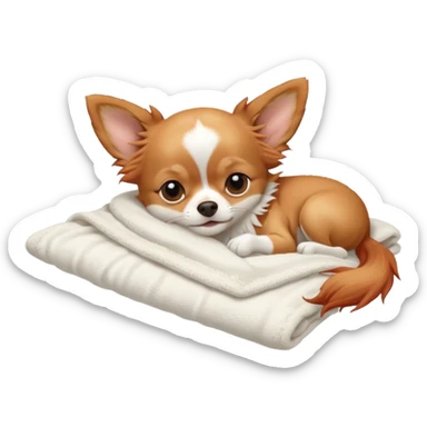 Long haired chihuahua, beige/redhaired with white chest and white socks, sleeping cutely under blanket sticker