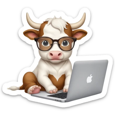 baby white bull in fancy glasses sitting in front of a macbook, working  sticker